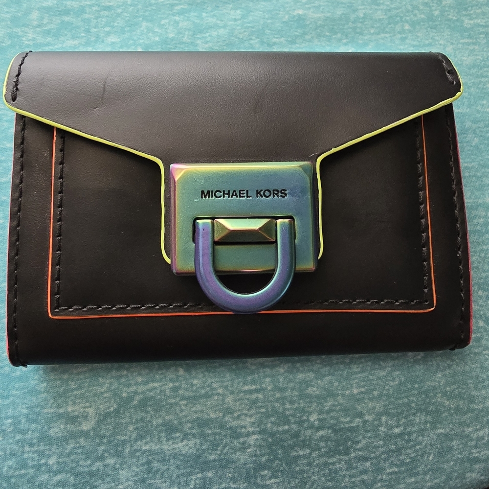 Michael Kors Black Wallet with Iridescent Hardware and Neon Trim